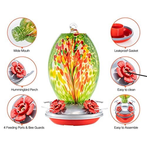 Muse Garden Glass Humming Bird Feeders for Outdoors - 27OZ Blown Glass Hummingbird Feeder - Unique Gift Mom Women Grandparents, Outdoors Hanging Garden Decor, Ant Moat & Brush, Green Floral view 6