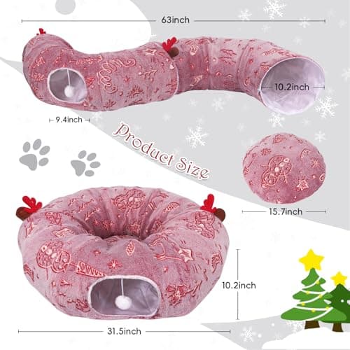 Cat Tunnel Christmas Tree Skirt, Cat Tunnel Bed, Cat Donut Tunnels Bed for Indoor Cats, with Washable Cushion, Hanging Toy Ball, Christmas Tree Protector & Decoration view 2