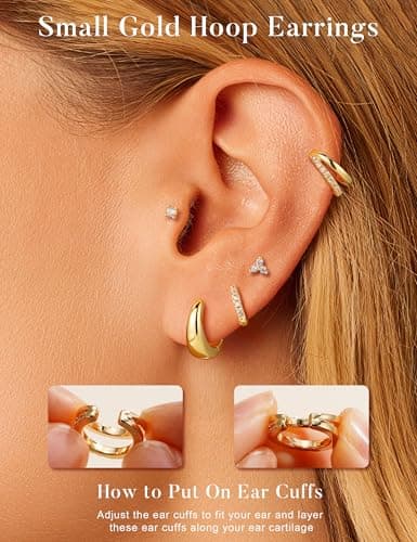 Turandoss 7 Pairs Gold Hoop Earrings for Women, 14K Gold Plated Hypoallergenic Small Huggie Hoops Earrings CZ Stud Earrings Stack, Cartilage Piercing Jewelry for Multiple Piercings view 4
