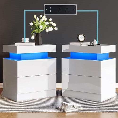AMERLIFE High Gloss End Table Set of 2 with Charging Station, Modern Bedside Table Night Stand with Lights, LED Nightstand with Drawers for Bedroom Living Room, White view 1