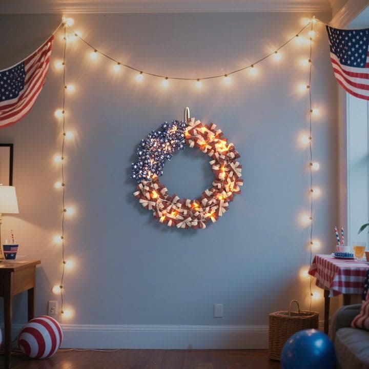 Patriotic Wreath 18 Inch American Flag Wreath for Front Door, Burlap Red White and Blue Decor with Stars Stripes and Timer-Equipped Light Strip for 4th of July Memorial Day Veterans Day view 2