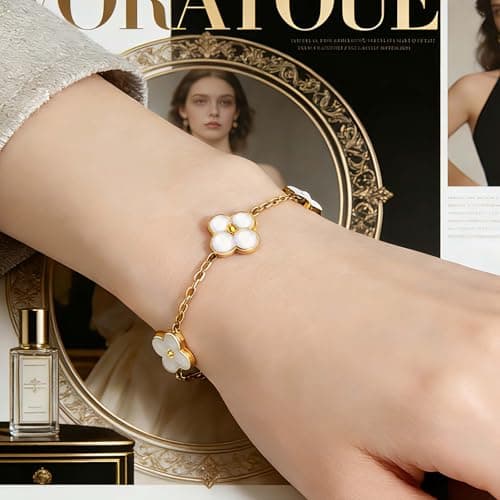 Gold Tone Clover Bracelet for Women, Adjustable Paperclip Chain Charm Bracelet, 5 Motifs (15mm), Stainless Steel Link Bracelet, Dainty Trendy Jewelry Gift view 2
