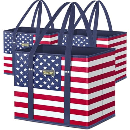 BALEINE 3Pk Reusable Grocery Bags, Foldable Shopping Bags for Groceries with Reinforced Bottom & Handles (Patriot Celebration) view 1