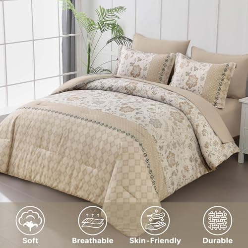 WONGS BEDDING Beige Comforter Set Queen, 7 Pieces Bed in a Bag Floral Geometric Patchwork Soft Microfiber Comforter Bedding Set with Comforter, Flat Sheet, Fitted Sheet, Pillow Shams,Pillowcases view 2