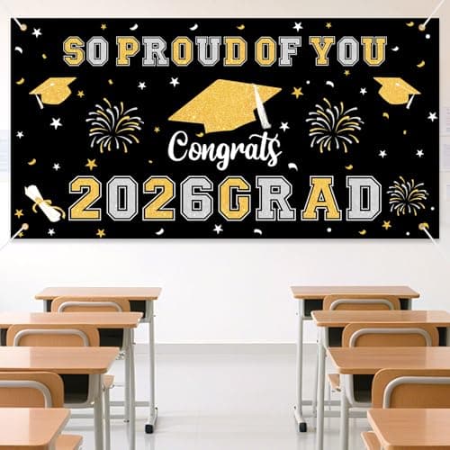 Graduation Decorations 2026 Black Graduation Banner 66.1" x 33.8" Graduation Backdrop Congrats Grad Banner for Outdoor Indoor High School College Class of 2026 Graduation Party Decorations Supplies view 5