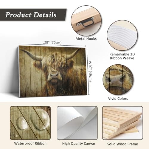 llribbons Handmade Highland Cow Wall Art, Rustic Farmhouse Canvas Painting Animal Wall Decor 3D Textured Fabric Tape Prints on Wood Plank Style for Living Room, Bedroom, Kitchen, Bathroom – 20" x 28" view 4