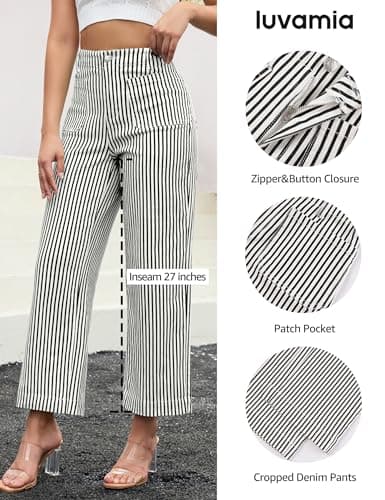 luvamia Striped Jeans for Women Trendy High Waisted Cropped Wide Leg Pants Stretchy Denim Patch Pocket Pinstripe Pants view 5