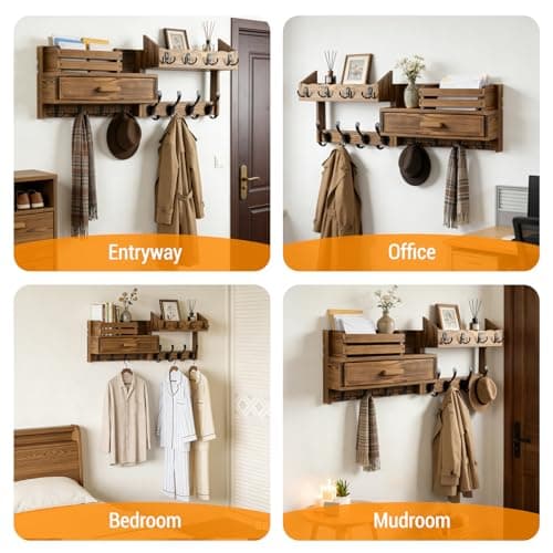 Dellicasi 29" Coat Rack Wall Mount with Shelf & Drawer, Heavy Duty Wood Entryway Organizer, Wall Coat Hanger with 12 Metal Hooks, Wall Mounted Coat Rack Key & Mail Holder for Living Room, Bedroom view 6