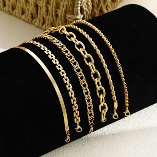XIUQILAI 6Pcs Gold Bracelets Set for Women Men, Non Tarnish Adjustable 14K Gold Plated Stackable Chain Bracelet Stack Pack Jewelry Gifts view 3