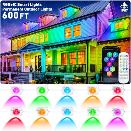 AMURTH 600FT Permanent Outdoor Lights RGB+IC Lights, IP67 Waterproof Smart Eave Lighting, with App/Remote Control Eaves Light, DIY LED Scenes Modes for House Roof Decor Party — image 1