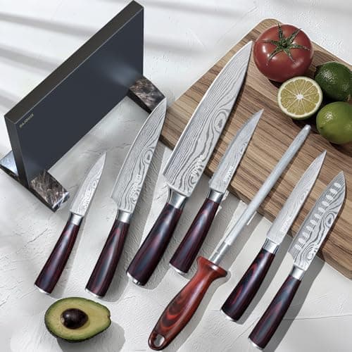 Black Knife Set With Block - 8 Pieces High Carbon Stainless Steel Magnetic Knife Set with Sharpener, Ultra Sharp Kitchen Knives Sets for Cooking with Ergonomic Handle view 2