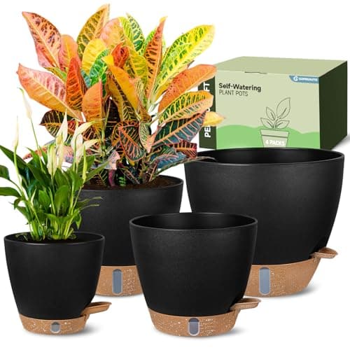 Goproauto Self-Watering Pots for Indoor Plants 4 Pack, 6/8/10/12 Inch Outdoor Planters with Water Level Indicator & Deep Reservoir, Decorative Flower Pots for Home Decor (Black, 12+10+8+6 Inch) view 1