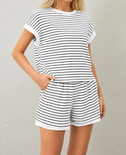 Burtell Women Summer 2 Piece Lounge Sets Striped Short Sleeve Tee Shirts Mini Shorts Loungewear Shorts Set Ribbed Pajama Set view 3