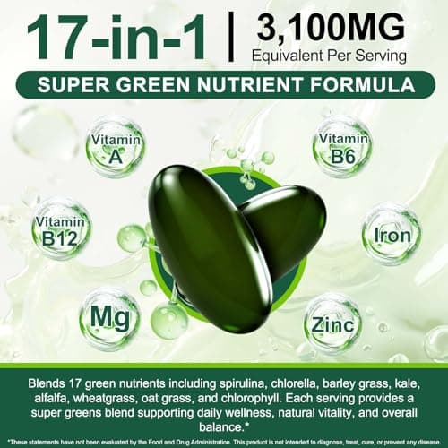 Tiuedu Spirulina Chlorella Softgels 300 Capsules, 17 in 1 Green Nutrient Blend Spirulina Chlorella Softgels,Rich in Plant Protein, Vitamins, Chlorophyll, Easy to Take Softgel view 4