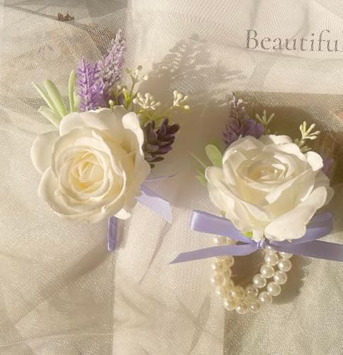Rose Corsage and Boutonniere Set Lavender Blue Corsage Wrist and Men Boutonniere for White Wedding Party Prom Suit Decorations view 6