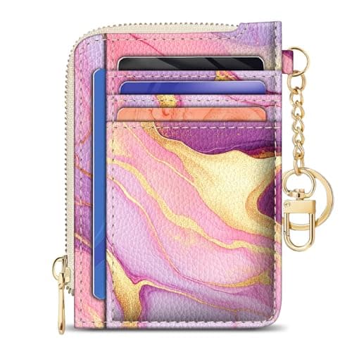 GIANCOMICS Slim Wallet Credit Card Holder Women, Pink Marble Rfid Blocking Small Card Case, Keychain Thin Pocket Curved Zipper Wallet, Travel Card Holder PU Leather ID Window, Ladies Female Gifts view 1