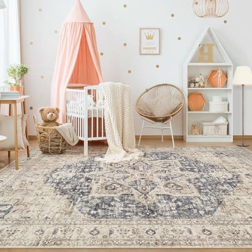 Tortania Area Rug Living Room Rugs - 5x7 Washable Boho Rug Vintage Oriental Distressed Farmhouse Large Thin Indoor Carpet for Living Room Bedroom Under Dining Table Home Office - Cream Blue view 3