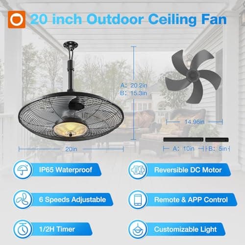 addlon 20 Inch IP65 Outdoor Ceiling Fan with Light for Patios, Remote & APP view 2
