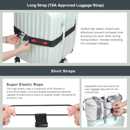 Vigorport Luggage Straps for Suitcases 3 PCS, Adjustable Elastic Tick Rope 2 Short & 1 Long Luggage Belt for Connecting Multiple Suitcases and Bags with Bottle Clip, Add A Bag Luggage Connector Strap view 2