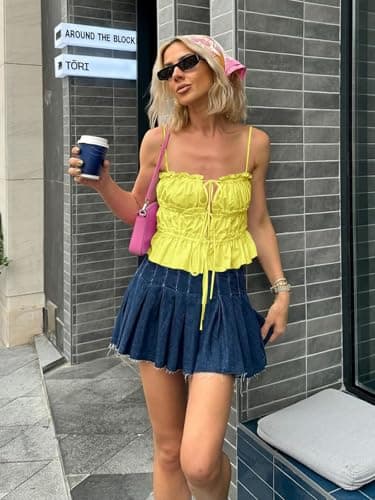 Tankaneo Womens Summer Tie Front Crop Tops Cute Ruffle Ruched Spaghetti Strap Tank Tops Y2K Going Out Shirts view 6