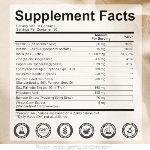 New Elements Biotin 10000 mcg with Collagen, Keratin & Hyaluronic Acid, 12-in-1 Hair Skin and Nails Supplement with Bamboo Silica, Vitamins C & E, Zinc & Copper, 90 Capsules view 2