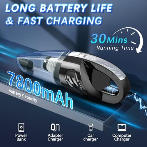 KIETRIX Handheld Vacuum Cordless, 15000Pa Powerful Car Vacuum Cleaner - 7800mAh Rechargeable Portable Mini Vacuum with 70000RPM Motor, 5 Nozzles, Low Noise, Washable Filter, for Car, Home, Office, Pet view 4