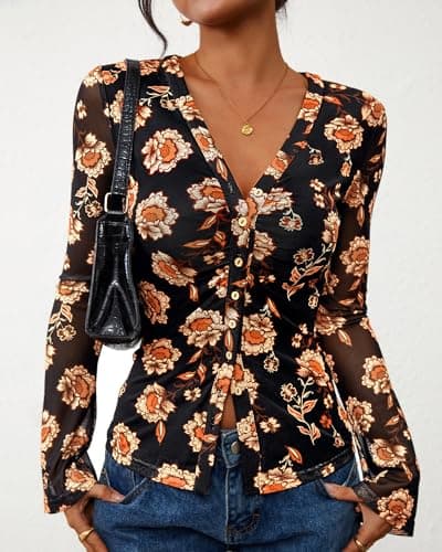 BTFBM Button Down Shirts for Women 2026 Spring Boho Tops V Neck Long Sleeve Blouses Ruched Mesh Fitted Fashion Clothing view 2