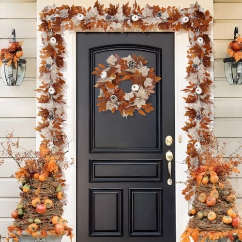 6 Ft Fall Garland with Lights & Timer, Thanksgiving Fireplace Mantel Decor | 30 Warm LED Lights, 6H Timer, Maple Leaves, Pumpkin, Berries and Pine Cones, Fireplace, Lighted Porch Table Autumn Decor view 5