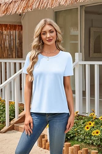 Herou Summer Women Casual Short Sleeve Tops T-Shirts Tees with Side Split view 2