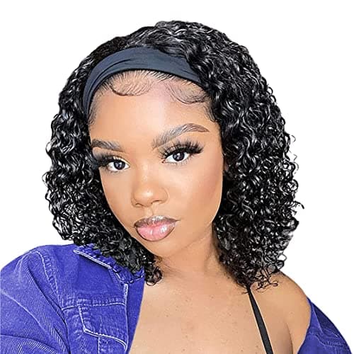 JCL Curly Headband Wig Human Hair 180% Density 12 Inch Headband Wigs for Black Women Deep Wave None Lace Front Wigs Human Hair Wear and Go Glueless Wig Natural Color — image 1