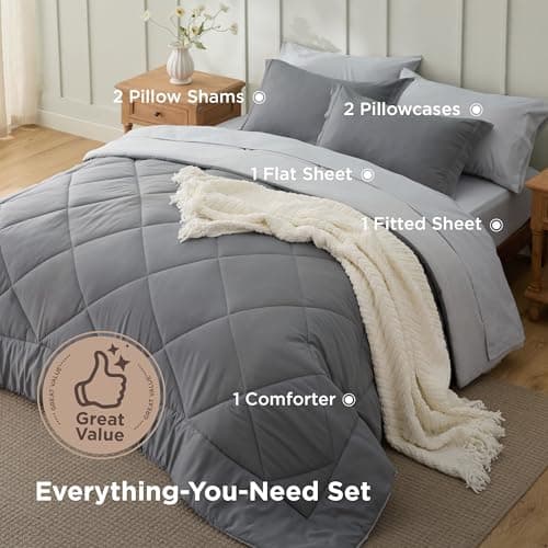 Bedsure Full Size Comforter Set - 7 Pieces Reversible Grey Bedding, Full Size Bed Set for All Seasons, Bed in a Bag with Down Alternative Comforter, Sheets, Pillowcases & Shams view 4
