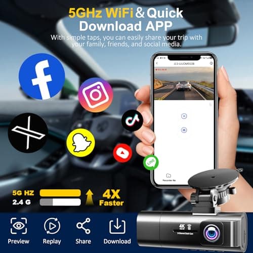4K Dash Cam Front and Rear Inside,3.16" IPS,3 Channel Dash Cam for Car with 5G WiFi,Free 64GB Card,170° Wide Angle,Loop Recording,G-Sensor,WDR,Night Vision,Time-Lapse,24H Parking Monitor view 5