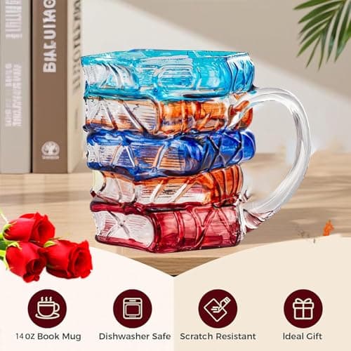 Handcrafted Glass Book Stack Coffee Mug, Colorful Stained Design,14oz, Unique Literary Gift for Readers (Large) view 4