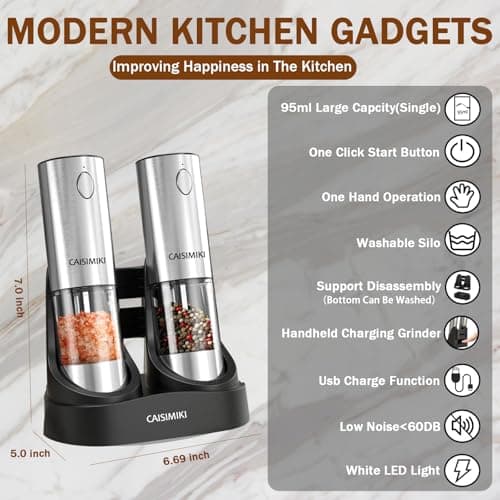 CAISIMIKI Electric Salt and Pepper Grinder Set Upgraded Stainless Steel Spice Grinder USB Rechargeable Automatic Pepper Mill Dual Charging Station Grinder Shakers, Silver view 3