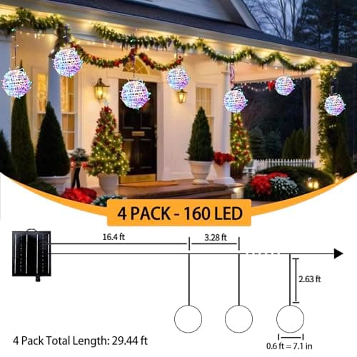WISEgham Christmas Solar String Lights Outdoor, 4Pc 160LED 29.5ft Solar Powered Globe Fairy Lights Waterproof, 8 Modes Ball Lights Outside for Tree Garden Yard Porch Lawn Holiday Decor, Multicolor view 2