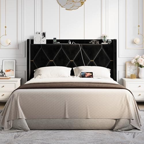 Allewie Velvet Full Size Upholstered Bed Frame with Wingback Storage Headboard & Charging Station, Platform Bed with Diamond Tufted Design & Gold Trim, No Box Spring Needed, Easy Assembly, Black view 3