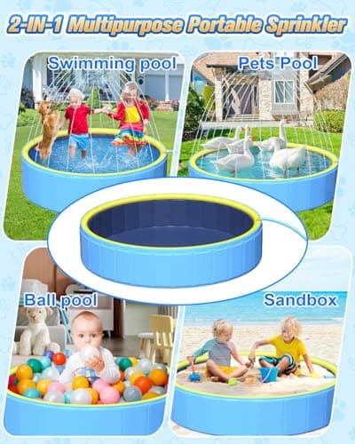 Yivsen 63in Sturdy Dog Pool with Sprinkler, 2-in-1 Non-Slip Kiddie/Kids Pool Hard Plastic, Foldable Dog Sprinkler Pools for Large Dogs, Portable Pet Swimming Pool for Summer Outdoor Backyard view 3