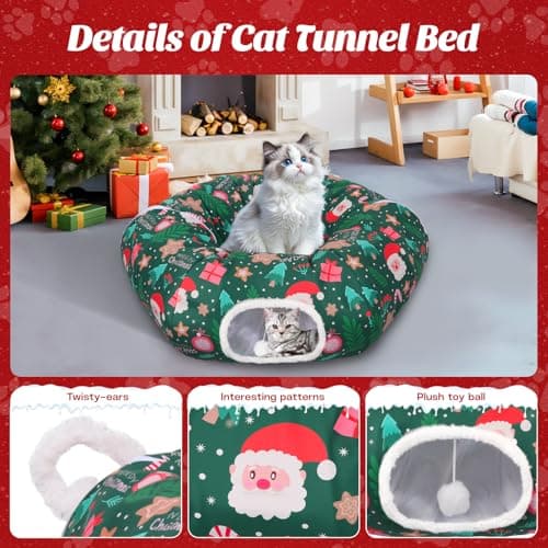 Christmas Tree Cat Tunnel, Soft Cat Tunnels for Indoor Cats with Middle Cushion, Cute Pet Donut Cave Bed Play Toys, Xmas Tree Decorations Protector Gifts view 3