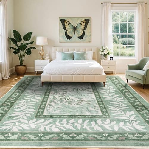 LIANLAM Washable Rug Area Rugs for Living Room - Stain Resistant Non-Slip Backing Boho Rug for Bedroom,Durable & Ultra-Thin Vintage Large Area Rug(9' x 12',Green/Floral) view 2