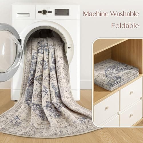 Tortania Area Rug Living Room Rugs - 5x7 Washable Boho Rug Vintage Oriental Distressed Farmhouse Large Thin Indoor Carpet for Living Room Bedroom Under Dining Table Home Office - Cream Blue view 5