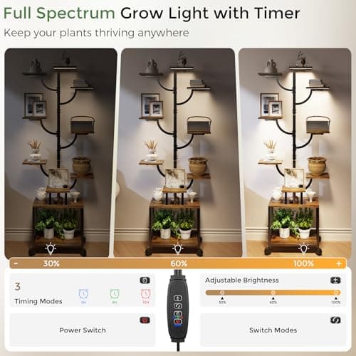 Plant Stand Indoor with Grow Lights - 9-Tier Plant Stand with Wheels, Tall Metal and Wood Indoor Plant Shelf with Tree Design, Rolling Flower Pot Holder Rack with Waterproof Finish, Adjustable Display Stand for Home Garden, Patio, 62" Tall view 6