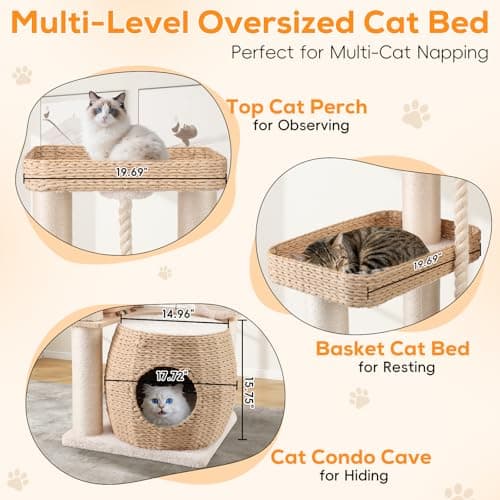 EMUST Luxury Modern Cat Tree Tower 50IN - Heavy-Duty Multi-Level Cat Condo with Extra-Large Hand-Woven Rattan Bed & Thickened Scratching Post for Indoor Cats Large Adult view 5