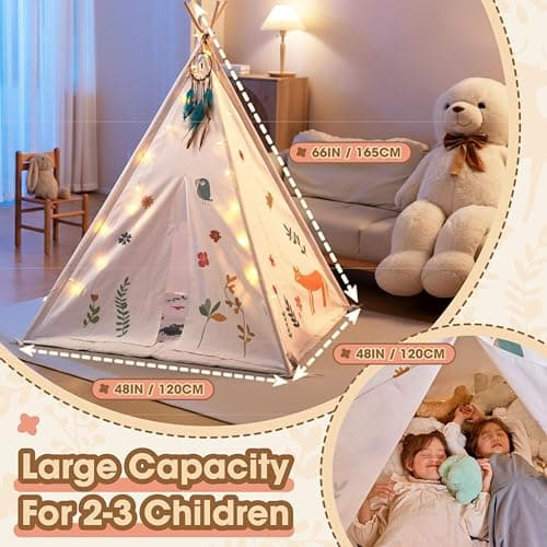 Teepee Tent for Kids with Lights, Kids Play Tent Indoor with Thicked Mat & Dream Catcher, Toddler Tent with Storage Pockets and Mesh Window for Reading Nook and Imaginative Games view 6