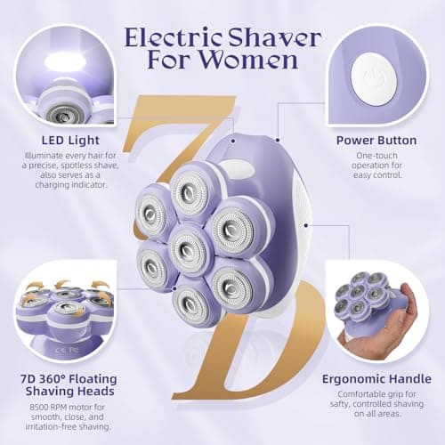 Bartrimber 7D Electric Razors for Women Legs, Smooth Electric Body Shaver | 360° Wide-Area Silky-Smooth Shaver Heads, 5 Min Fast & Close Body Shaving, Waterproof Wet & Dry Use, Light & Travel Cap, Plum view 2