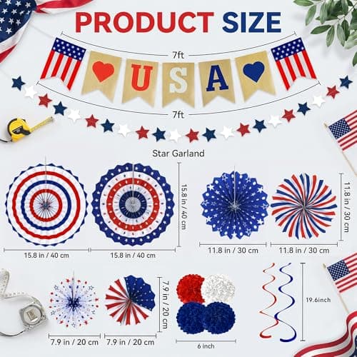 4th of July Decorations - 26 PCS Patriotic USA Banner Star Streamer Paper Fans Hanging Swirls Pompoms Set for Memorial Day | 250th Anniversary Accessories Party Favors for Indoor Outdoor Home view 3