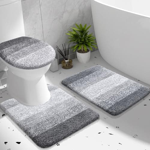 OLANLY Bathroom Rugs Sets 3 piece, Soft Microfiber Absorbent Bath Mat, U-Shaped Contour Toilet Mat and Toilet Lid Cover, Quick Dry, Machine Washable, Toilet Cover and Rug Set for Bathroom, Grey view 1