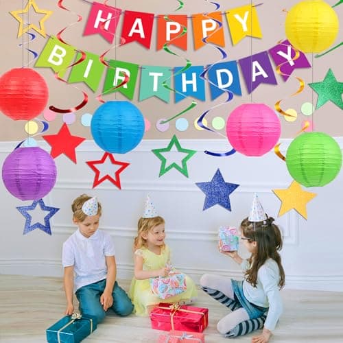 Happy Birthday Decorations, Colorful Birthday Party Decorations Set with Happy Birthday Banner, Paper Lanterns, Star Swirl Hanging Decorations & Circle Dots Garland view 4