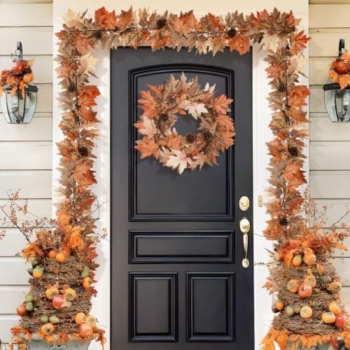 6 Ft Fall Garland with Lights & Timer, Thanksgiving Fireplace Mantel Decor | 30 Warm LED Lights, 6H Timer, Maple Leaves, Berries and Pine Cones, Flexible Vine, Lighted Porch Table Autumn Decor view 4