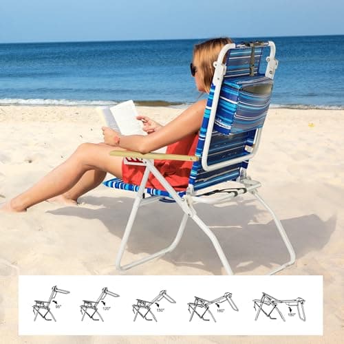 Tall Beach Chairs for Adults, 17" High Backpack Beach Chair with Wooden Armrests, 5 Positions Reclining Heavy Duty Chair with Large Cooler Pouch, Support to 350LBS Striped Blue,2pack view 5