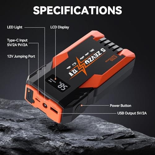 S ZEVZO ET05 Jump Starter 5000A Portable Car Jump Starter Battery Pack (7.2L Gas/ 5.5L Diesel), 51.8Wh 12V Jump Box with USB Ports, LCD Display and 3 Modes Flashlight view 6